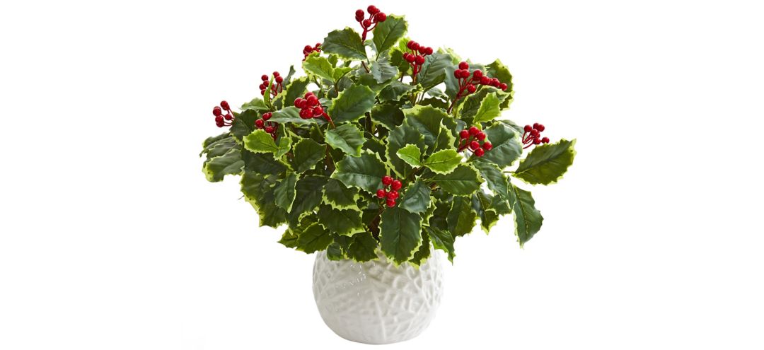 "16"" Variegated Holly Artificial Plant in White Planter"