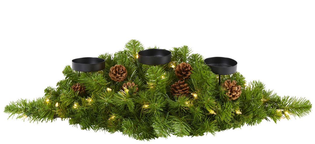 "30"" Christmas Artificial Pine Triple Candelabrum with Clear Lights and Pine Cones"