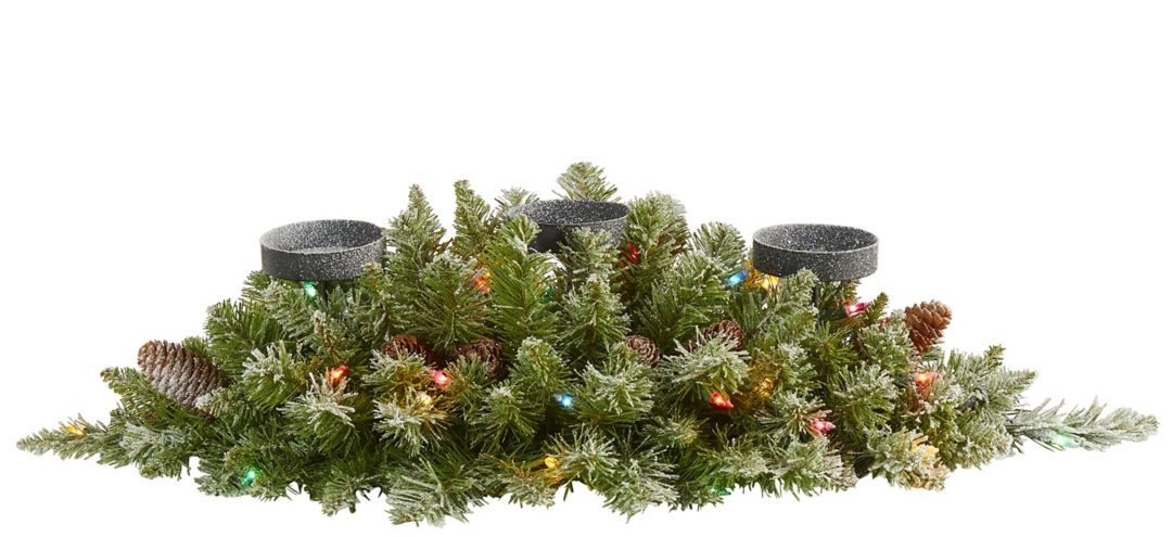 "30"" Flocked Artificial Christmas Triple Candelabrum with Multicolored Lights and Pine Cones"