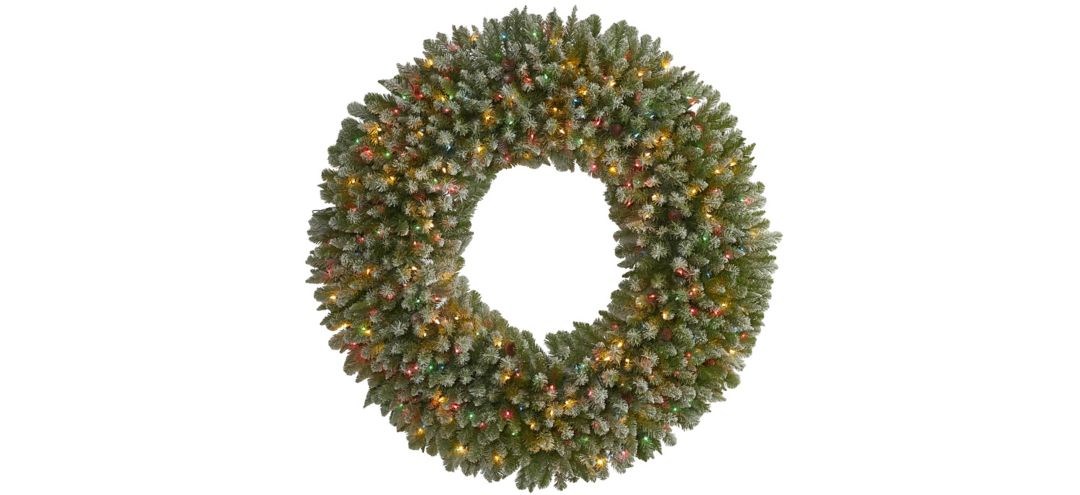 5' Giant Flocked Artificial Christmas Wreath with Multicolored Lights and Pine Cones