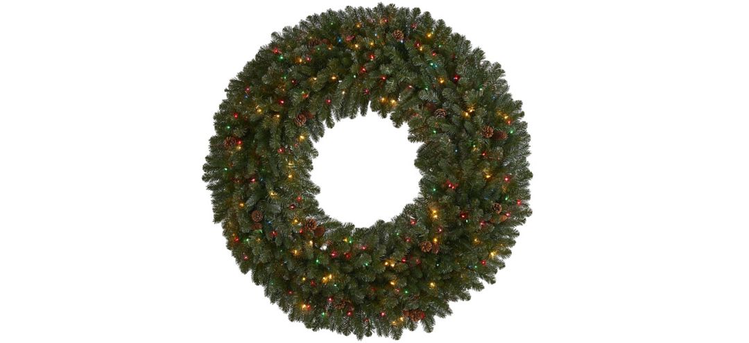 5' Giant Flocked Artificial Christmas Wreath with Multicolored Lights, Glitter and Pine Cones
