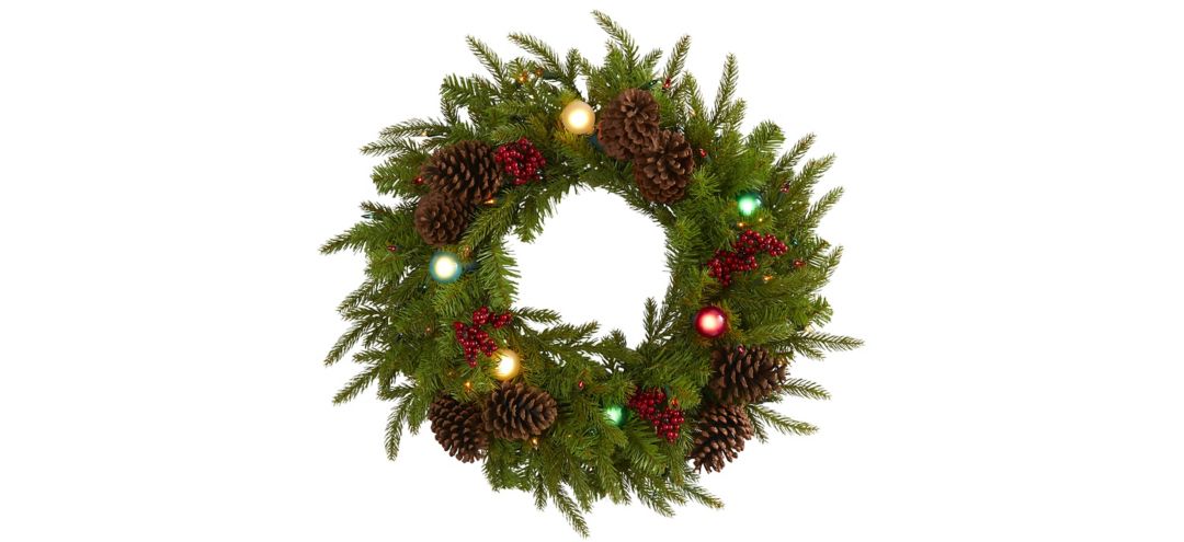 "24"" Christmas Artificial Wreath with Multicolored Lights, Globe Bulbs, Berries and Pine Cones"
