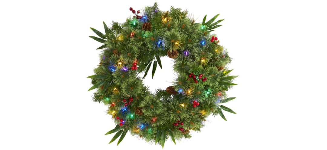 "24"" Mixed Pine Artificial Christmas Wreath with Multicolored LED Lights, Berries and Pine Cones"