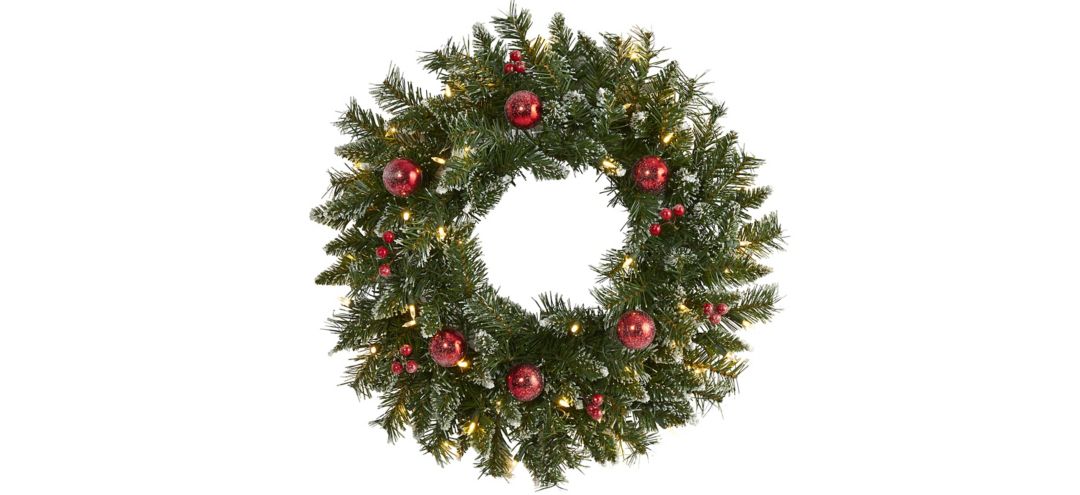 "24"" Frosted Artificial Christmas Wreath with Warm White LED Lights, Ornaments and Berries"