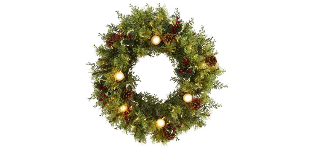 "24"" Christmas Artificial Wreath with White Warm Lights, Globe Bulbs, Berries and Pine Cones"