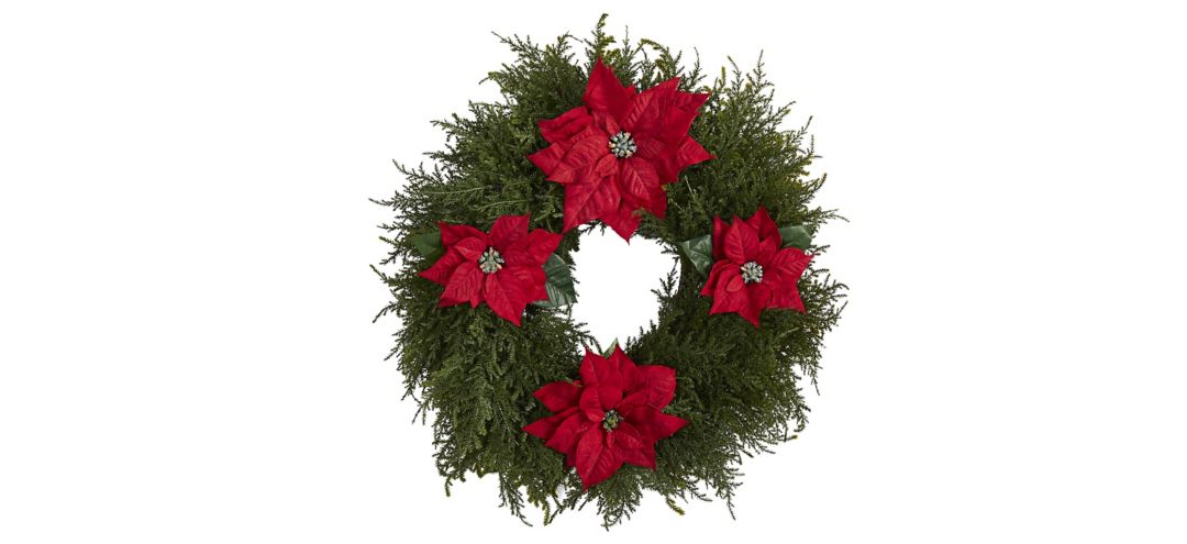24in. Cedar and Poinsettia Artificial Wreath