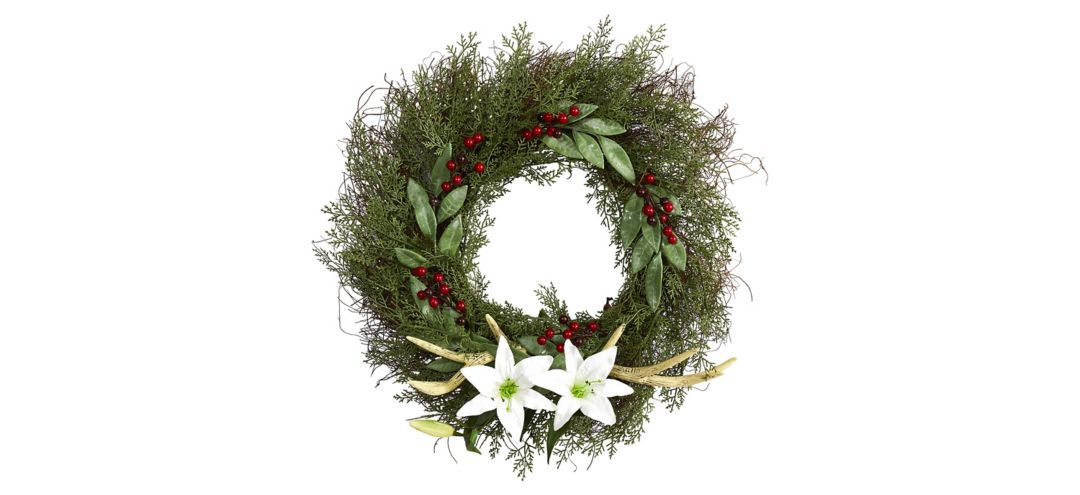 20in. Cedar, Antlers, Lily and Ruscus with Berries Artificial Wreath