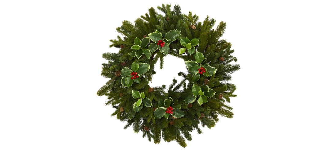 22in. Pine, Pinecone and Variegated Holly Leaf Artificial Wreath