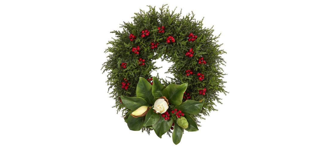 20in. Cedar, Berries and Magnolia Artificial Christmas Wreath