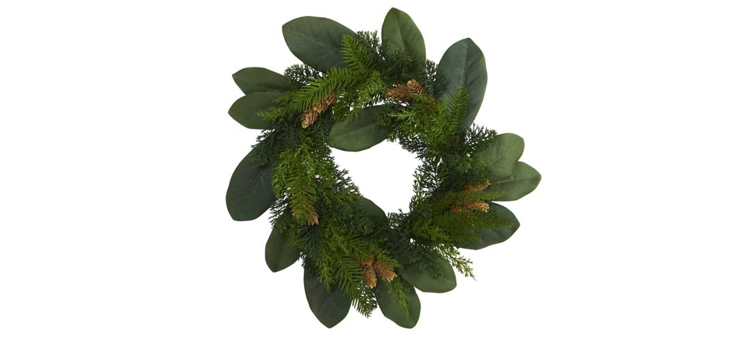 16in. Magnolia Leaf and Mixed Pine Artificial Wreath