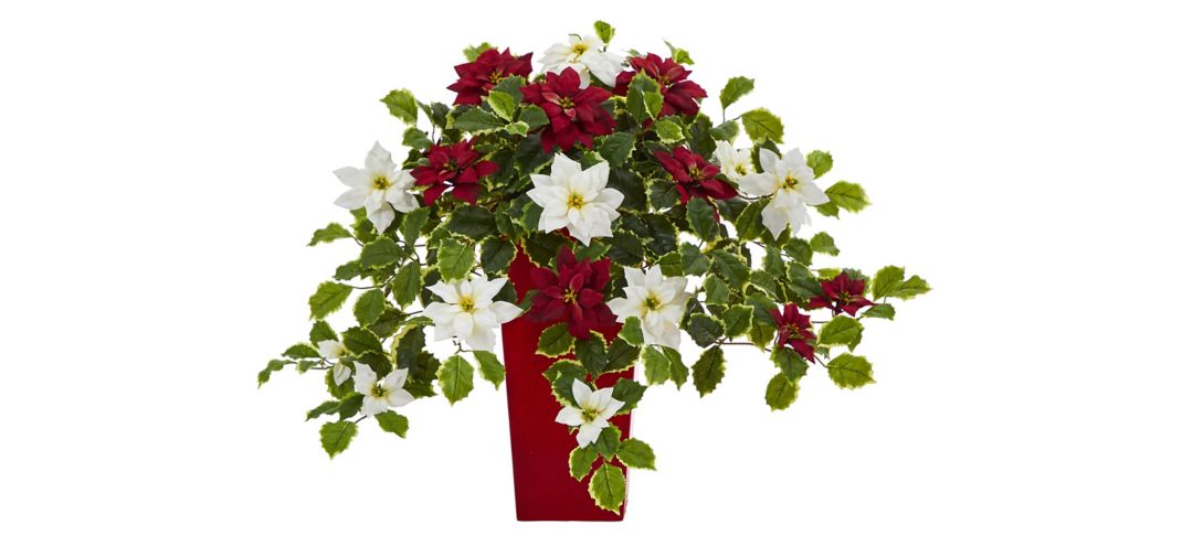23in. Poinsettia and Variegated Holly Artificial Plant