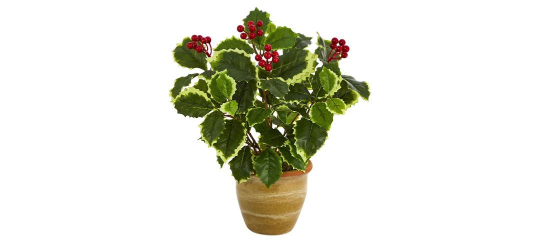 14in. Variegated Holly Leaf Artificial Plant