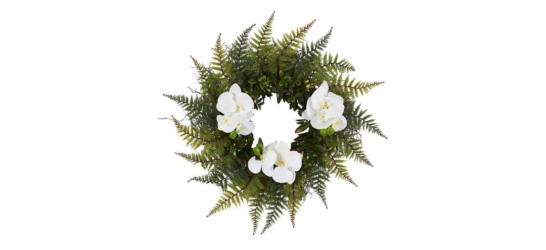 23in. Assorted Fern and Phalaenopsis Orchid Artificial Wreath