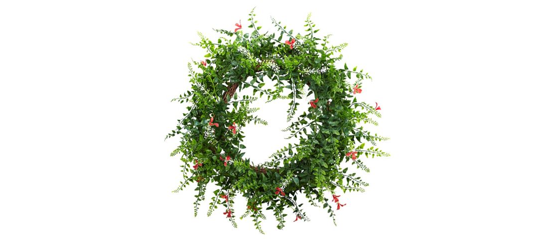 18in. Floral & Fern Double Ring Wreath with Twig Base