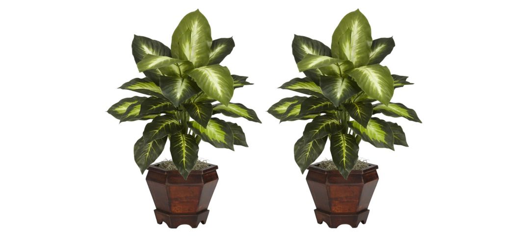 140167120 Dieffenbachia with Wood Vase Silk Plant (Set of 2) sku 140167120