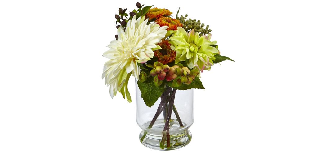 Mixed Dahlia and Mum with Glass Vase