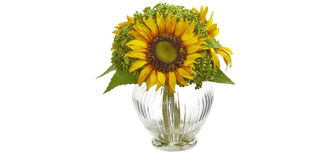 Sunflower Artificial Arrangement in Ribbed Glass Vase