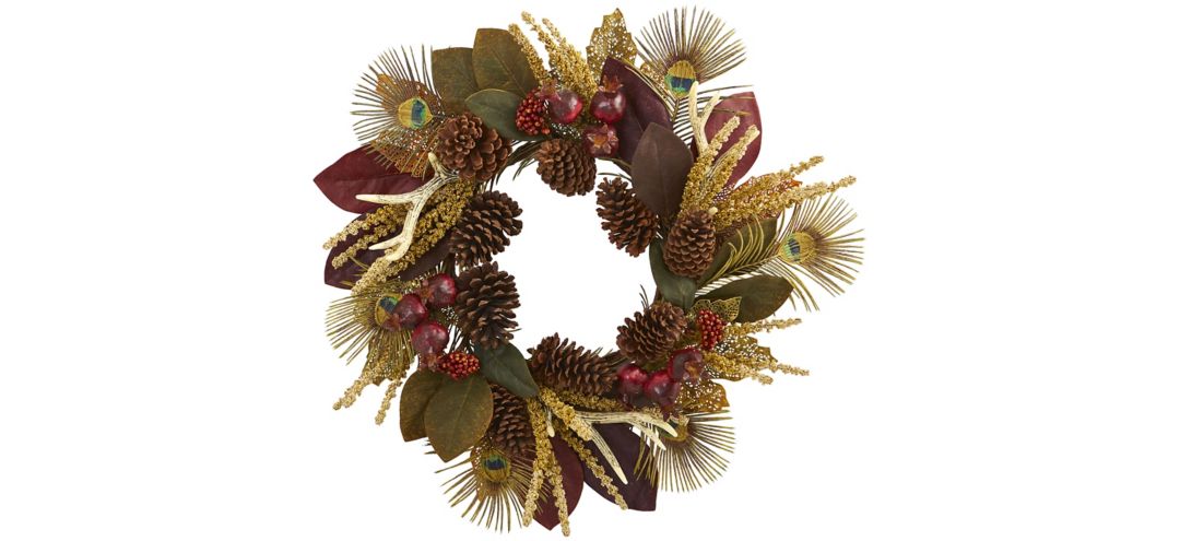27in. Magnolia Leaf, Berry, Antler and Peacock Feather Artificial Wreath