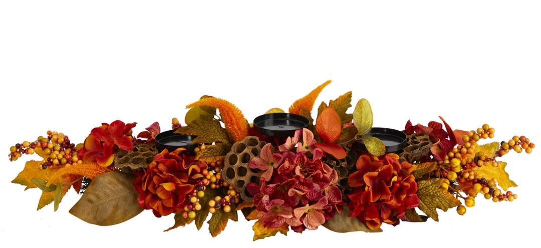 Fall Hydrangea, Lotus Seed and Berries Artificial Candelabrum Arrangement