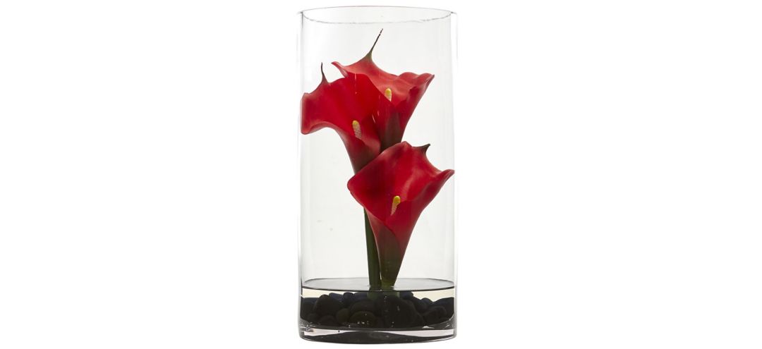 12in. Calla Lily Artificial Arrangement in Cylinder Glass Vase