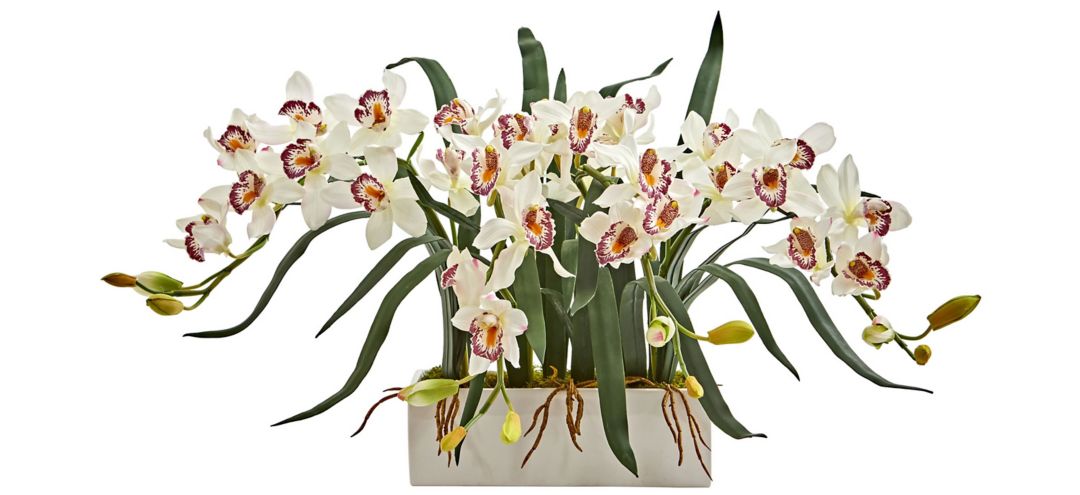 Cymbidium Artificial Arrangement in White Vase