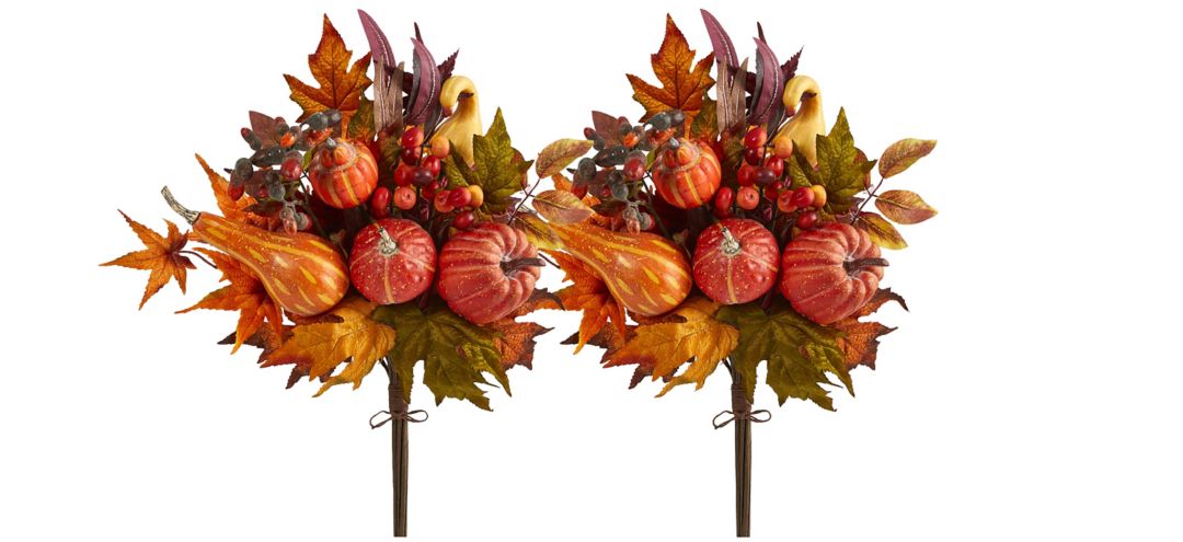 20in. Pumpkin and Maple Leaf Artificial Flower Bouquet (Set of 2)