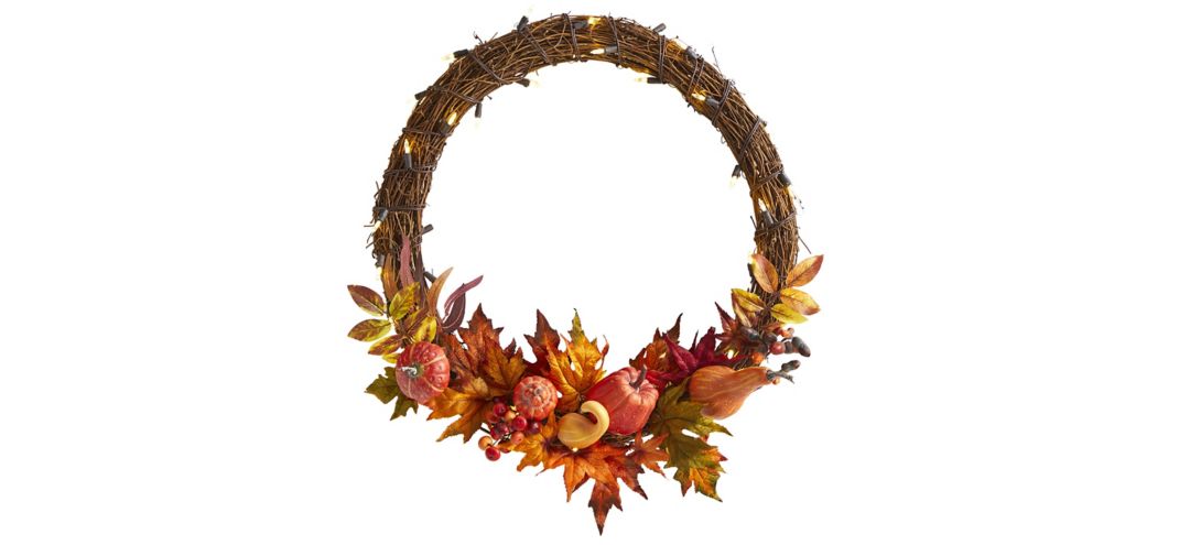 22in. Pre-Lit Pumpkin and Maple Artificial Autumn Wreath