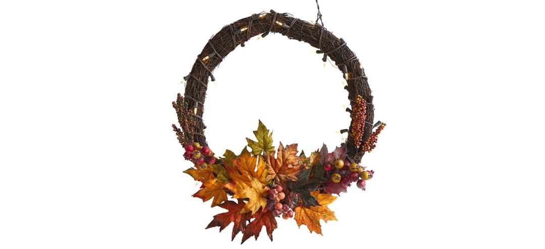 21in. Pre-Lit Maple Leaf and Berries Artificial Wreath