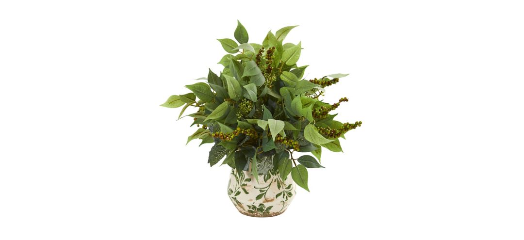 Mixed Ficus, Fittonia and Berries Artificial Plant in Floral Vase
