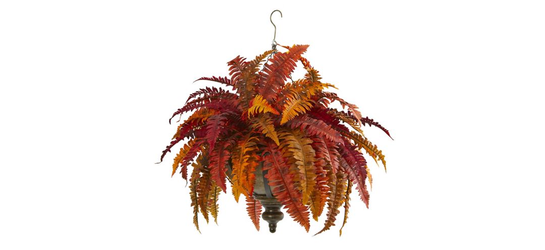 28in. Autumn Boston Fern Artificial Plant in Hanging Metal Bowl