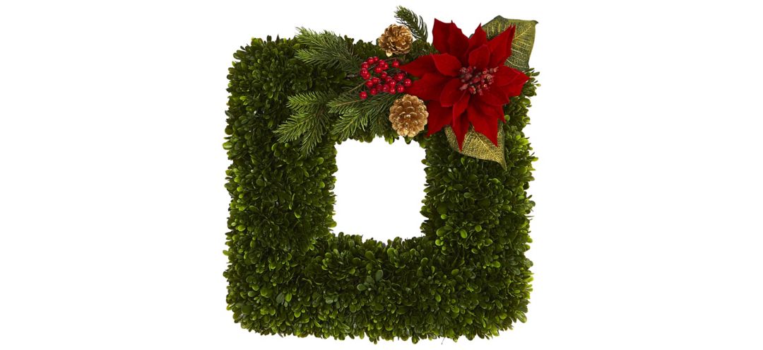 16in. Tea Leaf and Poinsettia Artificial Square Wreath