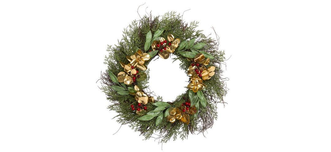 20in. Cedar, Ruscus, Berries and Golden Eucalyptus Artificial Wreath