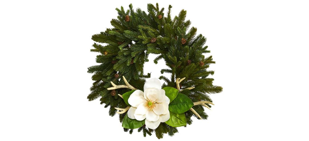 22in. Pine, Pinecone, Magnolia and Antler Artificial Wreath