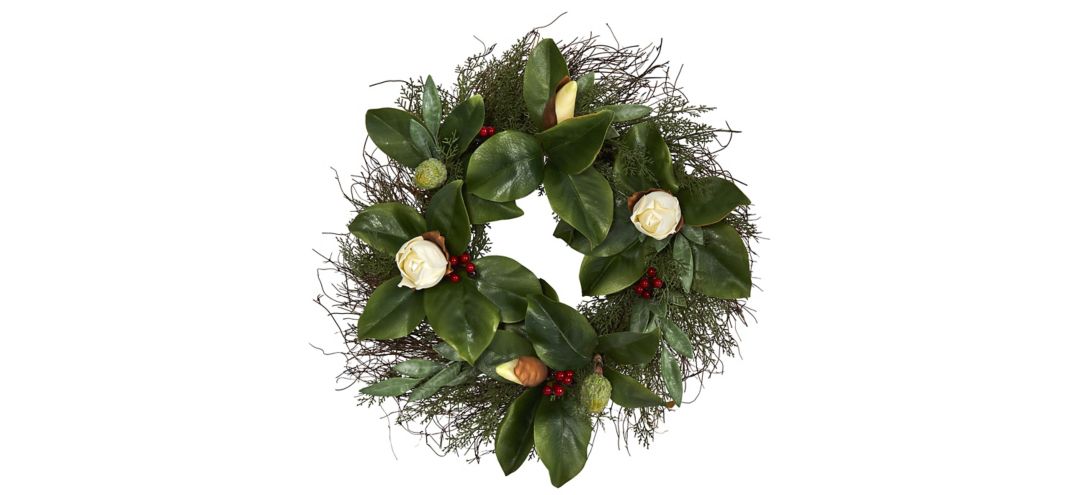 20in. Cedar, Ruscus and Magnolia with Berries Artificial Wreath