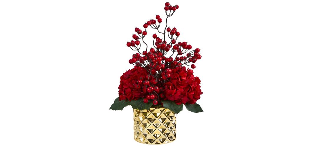 Hydrangea and Berries Artificial Arrangement in Gold Vase