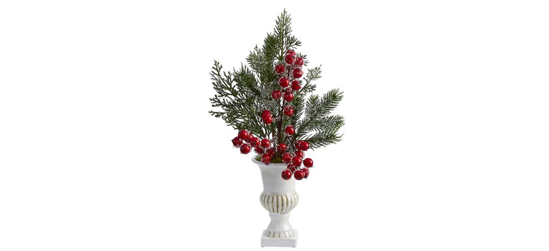 Iced Pine and Berries Artificial Arrangement in White Urn