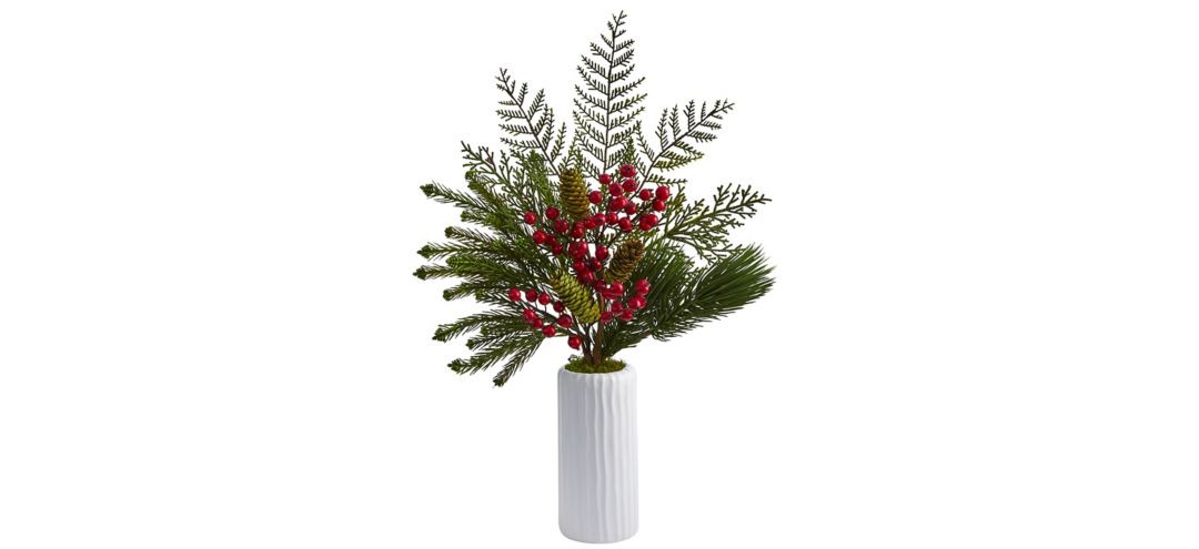 Mixed Pine, Pinecone and Berry Artificial Arrangement in White Vase