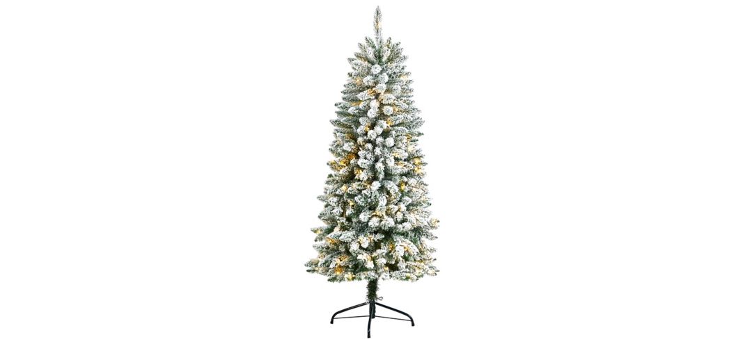 5' Slim Flocked Fir Artificial Christmas Tree with Warm White LED Lights and Bendable Branches
