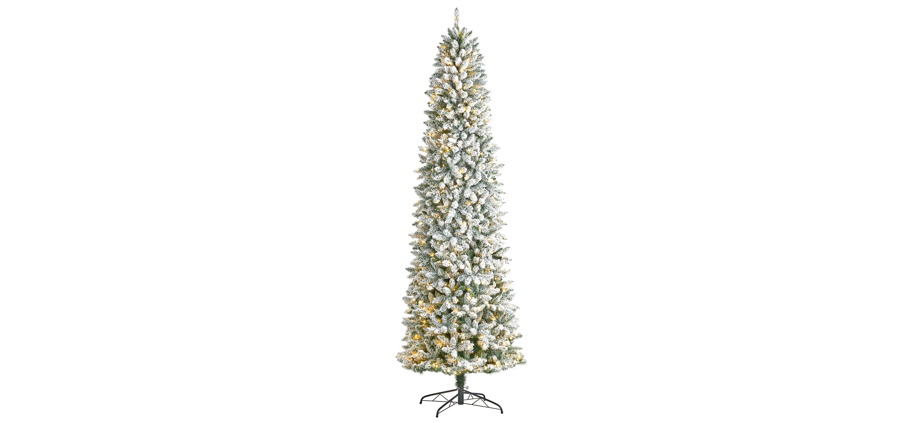 9%27 Slim Flocked Fir Artificial Christmas Tree with Warm White LED Lights and Bendable Branches