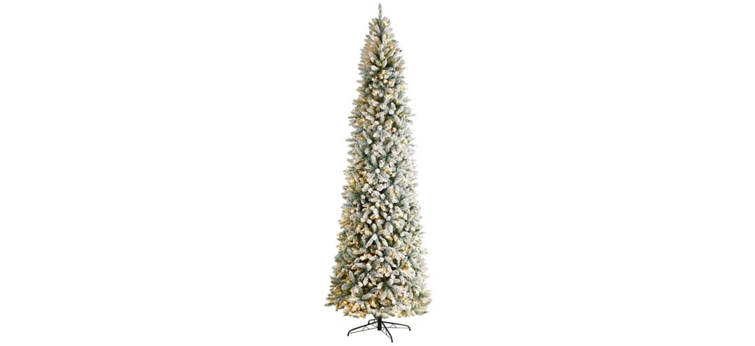 10' Slim Flocked Fir Artificial Christmas Tree with Warm White LED Lights and Bendable Branches