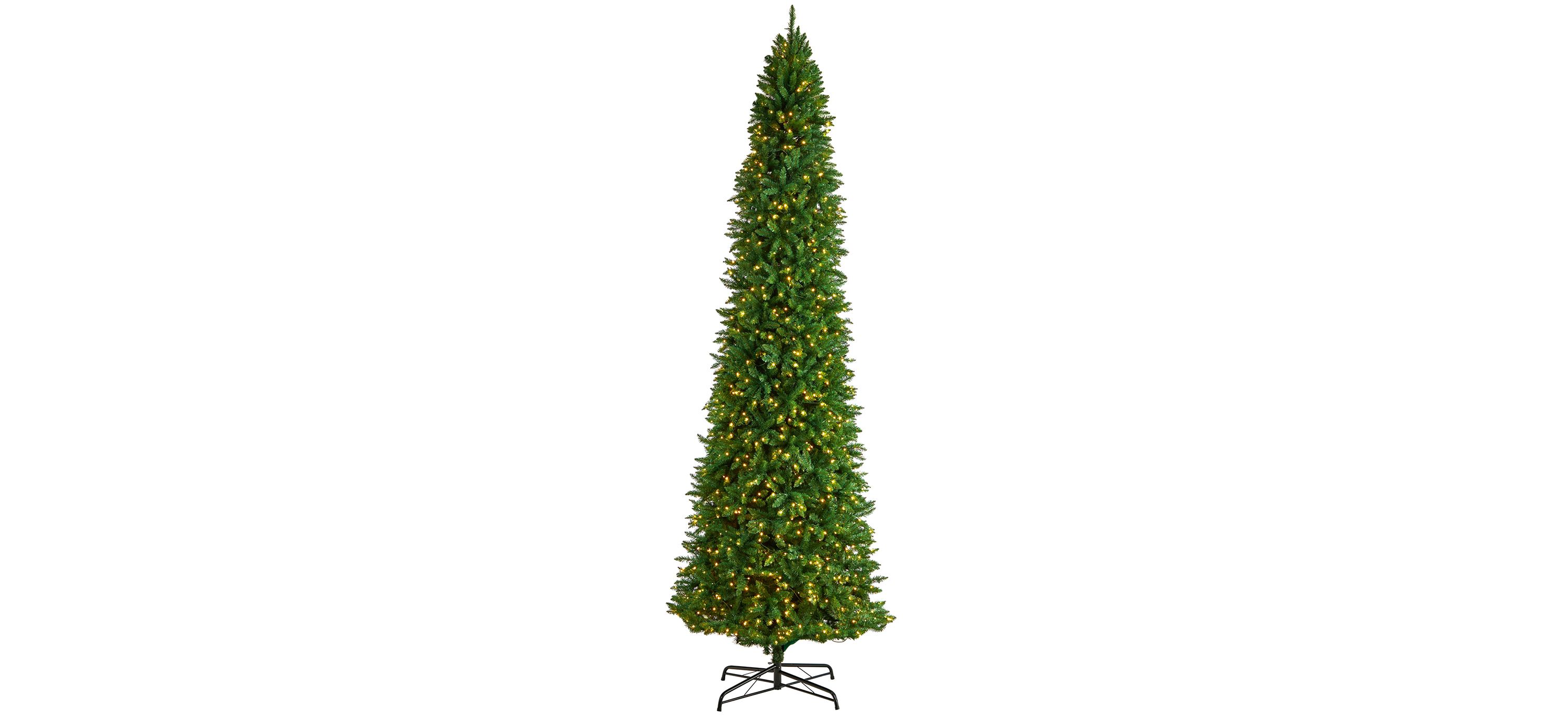12%27 Slim Green Mountain Pine Artificial Christmas Tree with Clear LED Lights