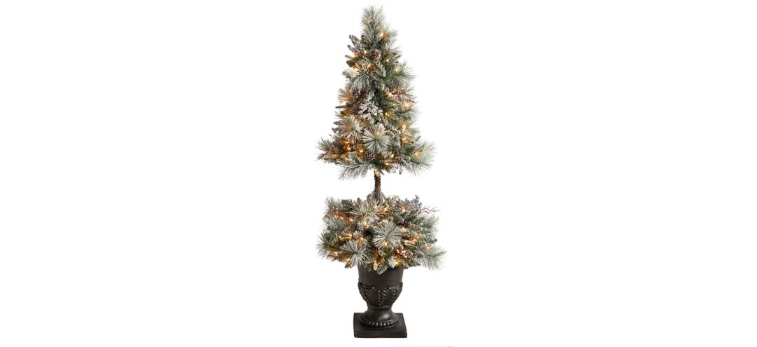 5' Flocked Artificial Porch Christmas Tree with LED Lights and Bendable Branches in Decorative Urn