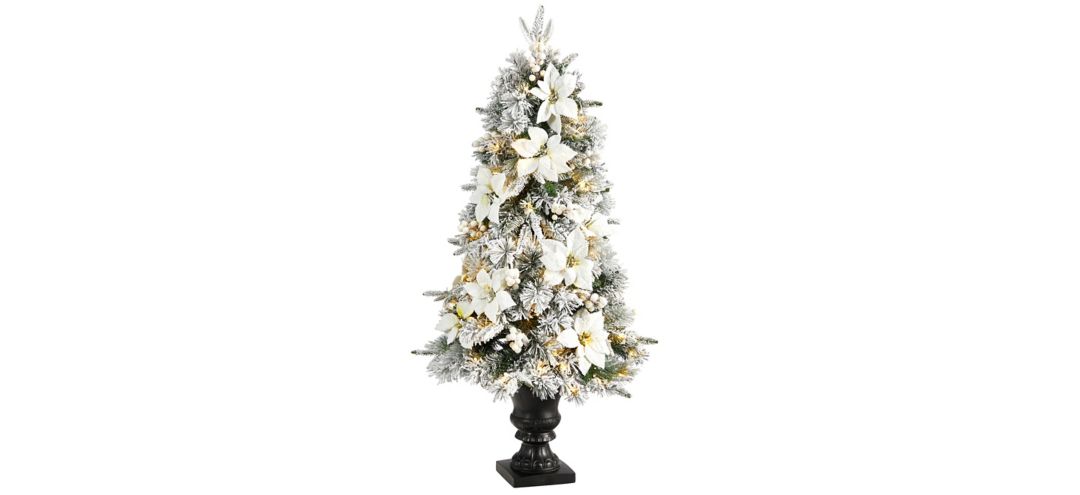 4' Flocked Artificial Christmas Tree with Bendable Branches and Warm Lights in Decorative Urn