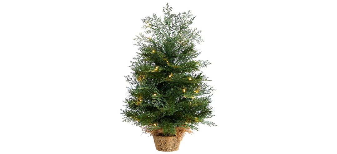 2' Artificial Christmas Tree in Burlap Base with Warm White LED Lights