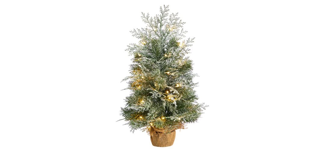 2' Frosted Artificial Christmas Tree with LED Lights in Burlap Base