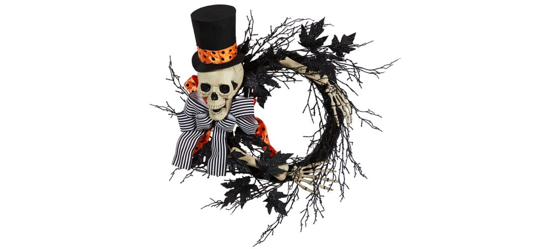 "26"" Halloween Foliage Dapper Skeleton Wreath"
