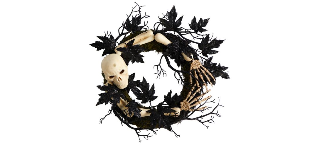 "24"" Halloween Foliage Skull and Bones Wreath"