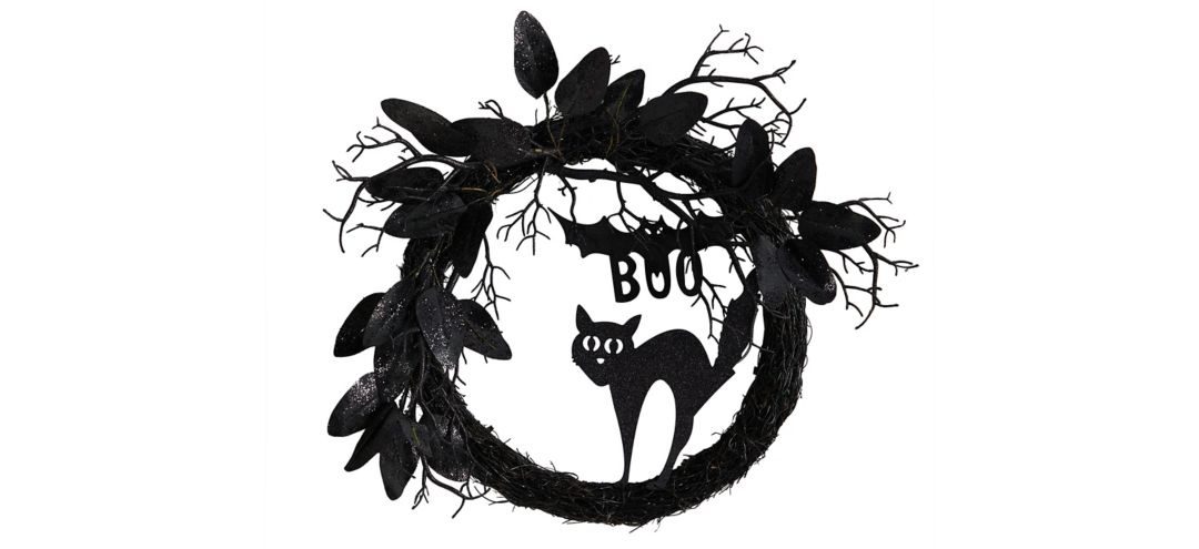 "22"" Halloween Foliage Black Cat Twig Wreath"