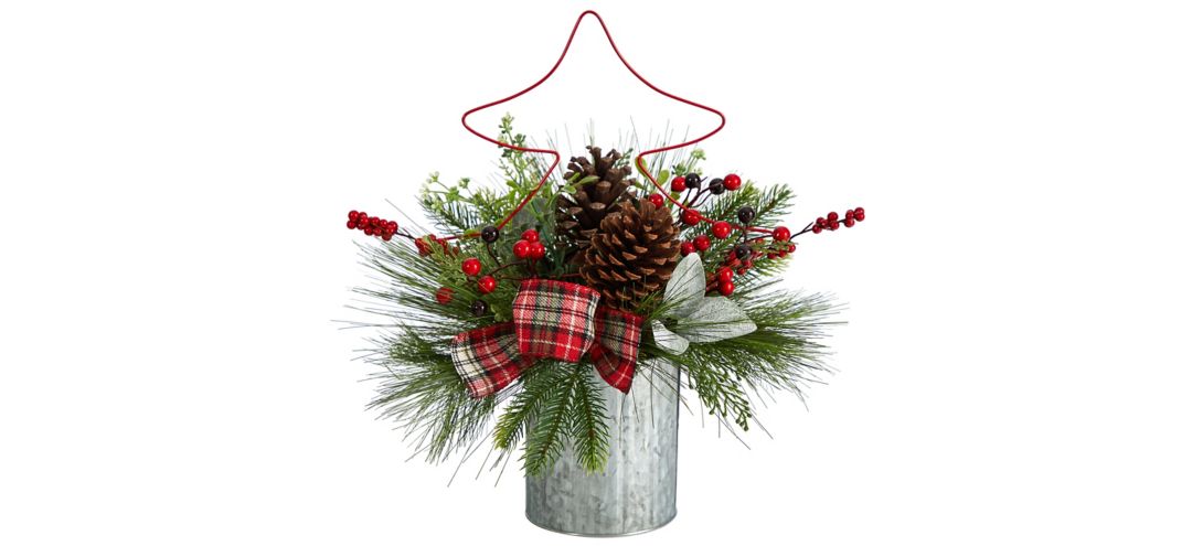 "17"" Holiday Foliage Artificial Arrangement with Metal Vase"