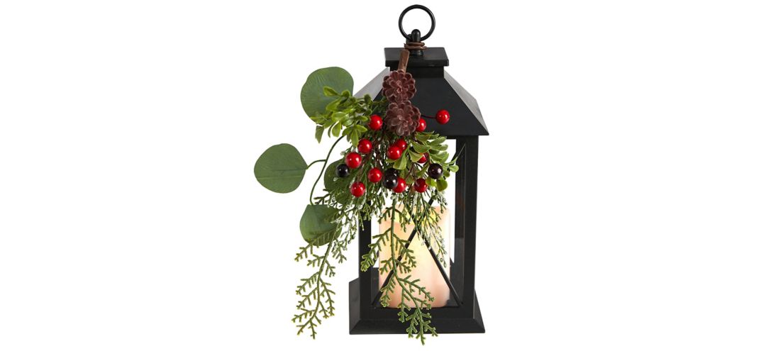 "12"" Holiday Foliage Metal Lantern Artificial Arrangement with LED Candle"